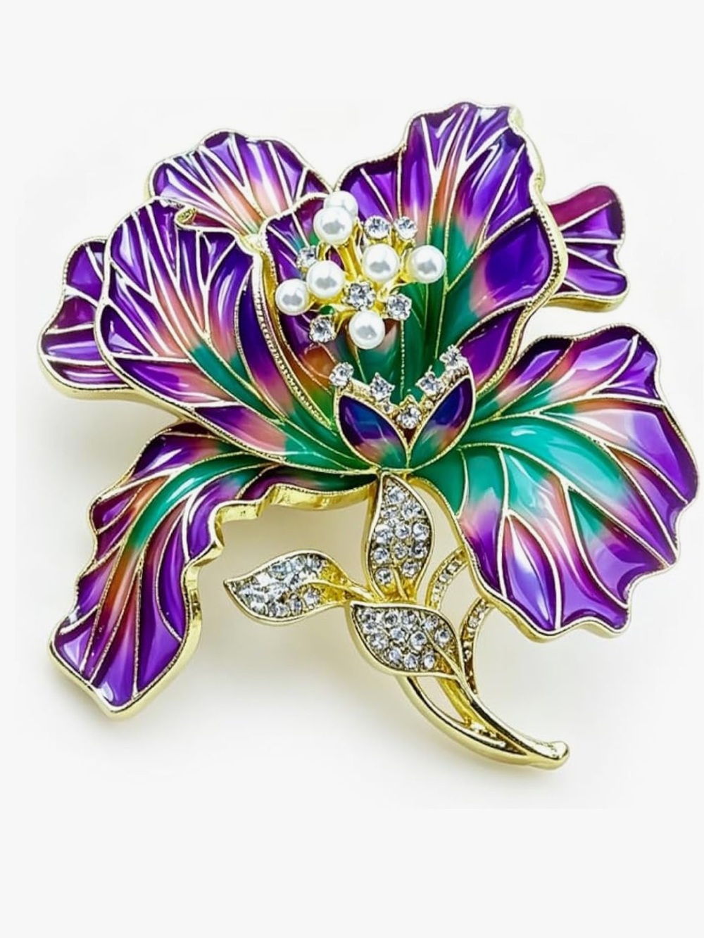 Gold-Plated Purple & Teal Floral Brooch with Pearls and Crystals